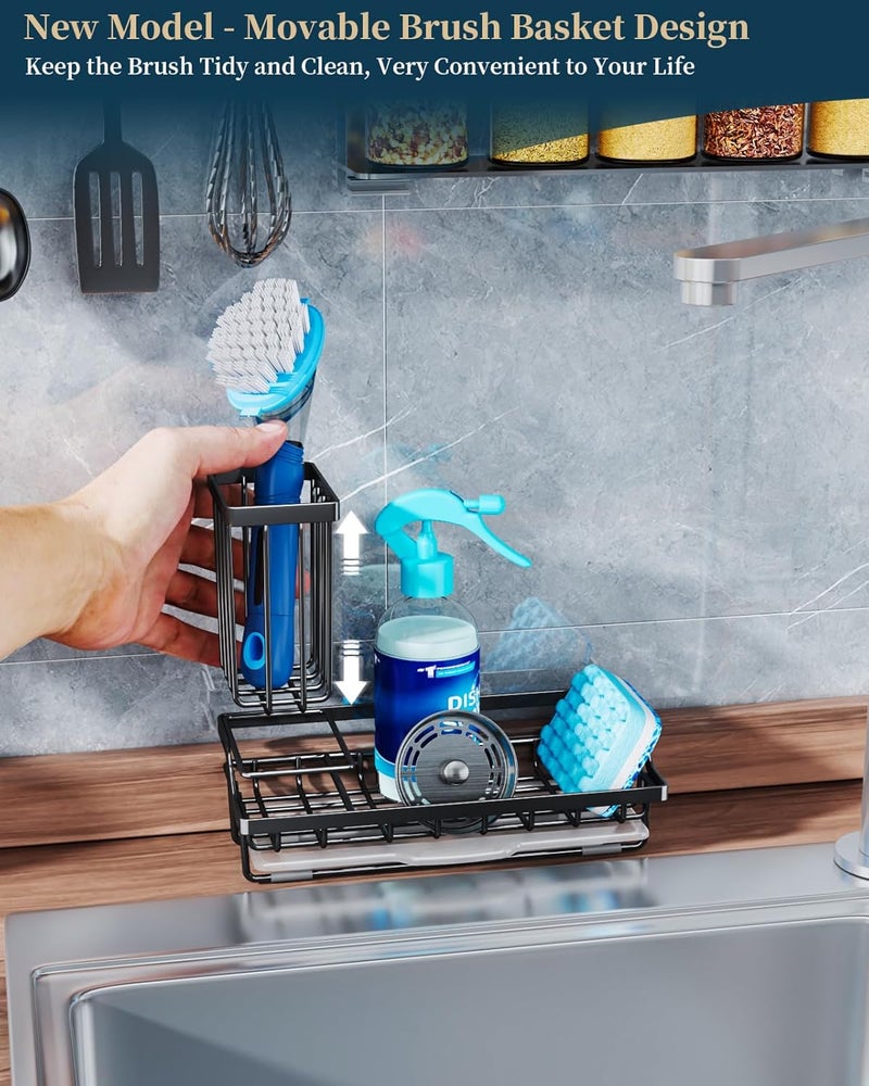 Consumest Sponge Holder for Kitchen Sink - Kitchen Sink Caddy Organizer with Removable Drip Tray for Countertop Dish Soap Dispenser Brush Storage Accessories 304 Stainless Steel - Black - Image 2
